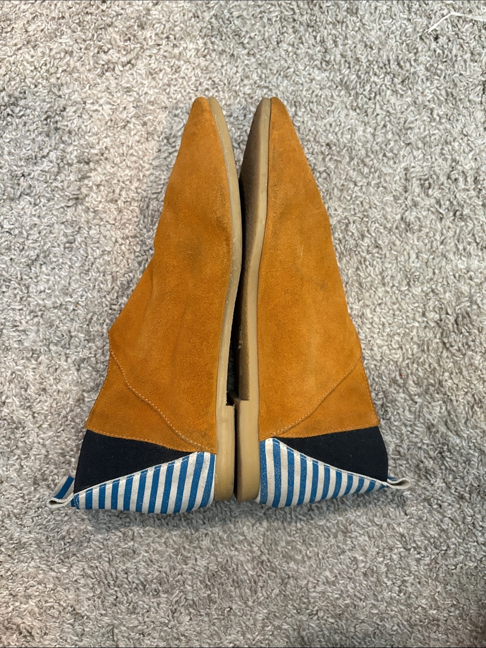 Tan Suede Slip-On booties with Navy & White Stripe Trim